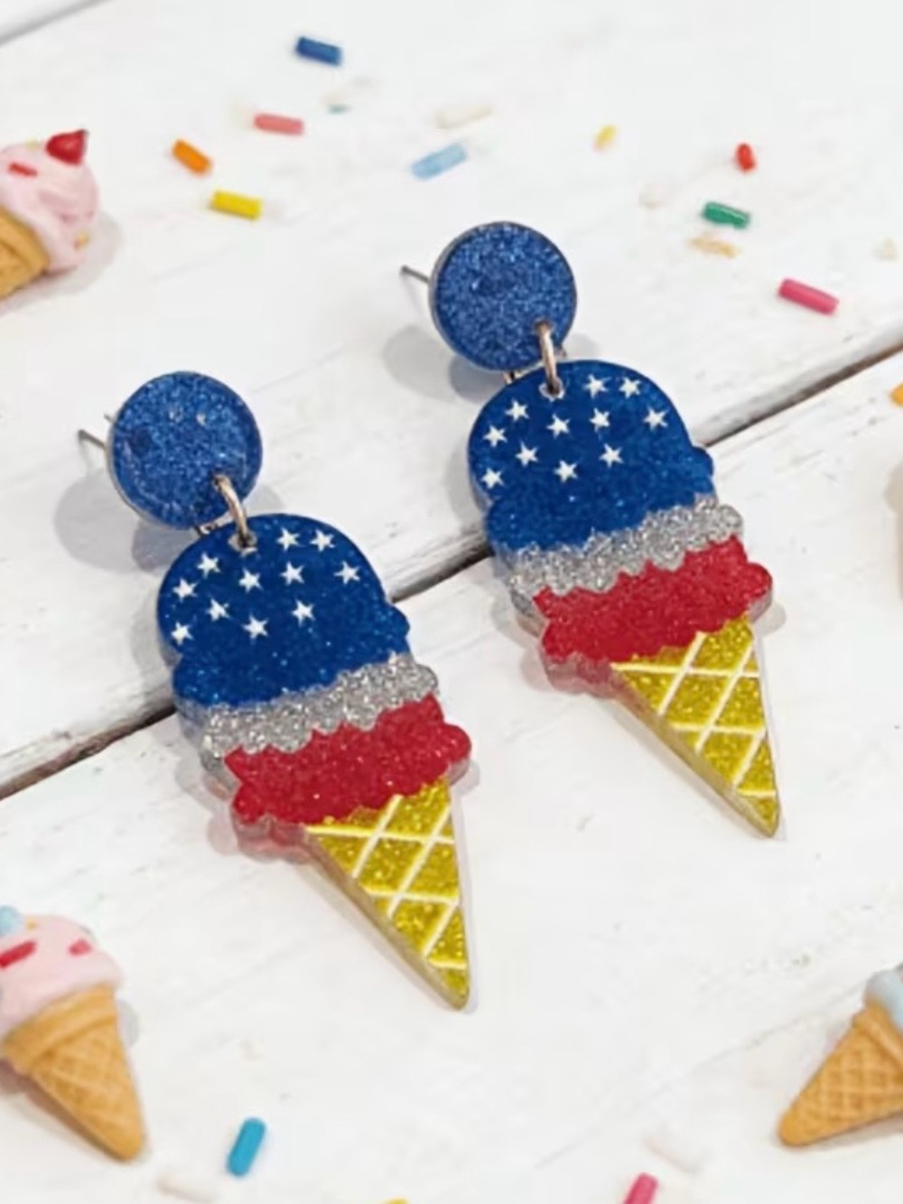 Patriotic Glitter Ice Cream Cone Drop Earrings Acrylic Blue, Red & Silver USA